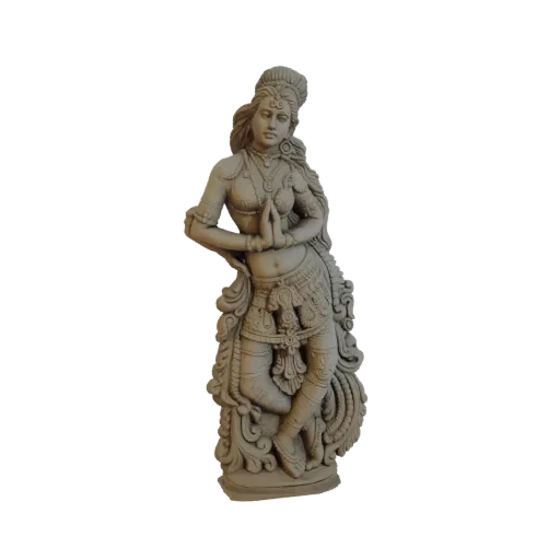 Modelo 3D de estatua de bailarina india tradicional con vestuario y joyas intrincados, en pose grácil.