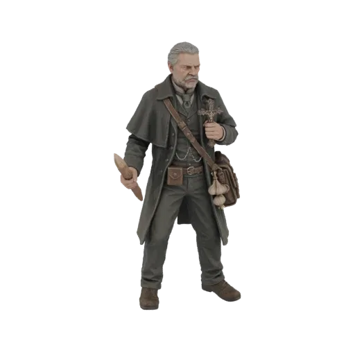 3D-Modell eines grimmigen Vampirjägers mit Holzpfahl und Kruzifix, mit einer Tasche voller Knoblauch.
