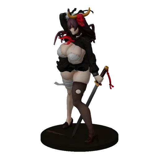 3D model of an anime warrior girl with dark hair, a black outfit, and a katana, posed dynamically.