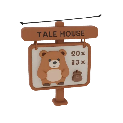 3D model of Bear House sign with a bear cub, "TALE HOUSE" inscription, and details.
