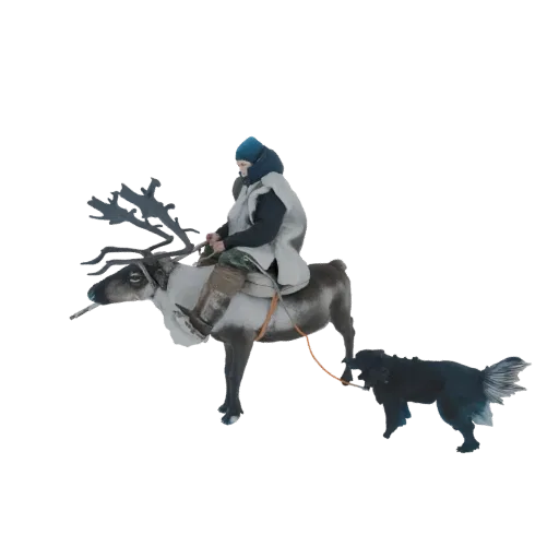 Modèle 3D d'une personne sur une renne, avec un chien devant tirant un traîneau, sur fond blanc.