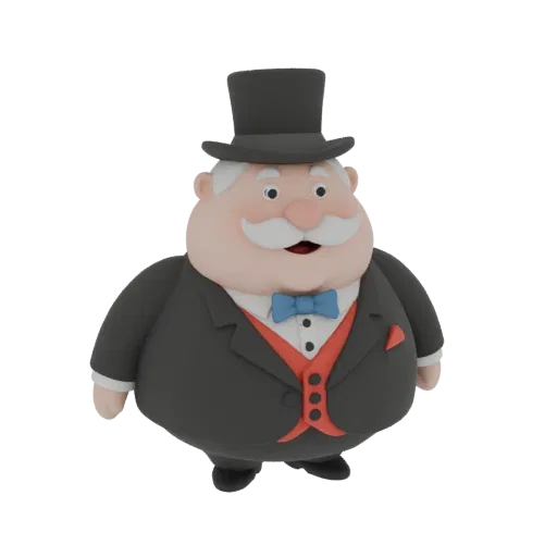 3D model of the Monopoly Man character, wearing a top hat and tuxedo, with a friendly expression.