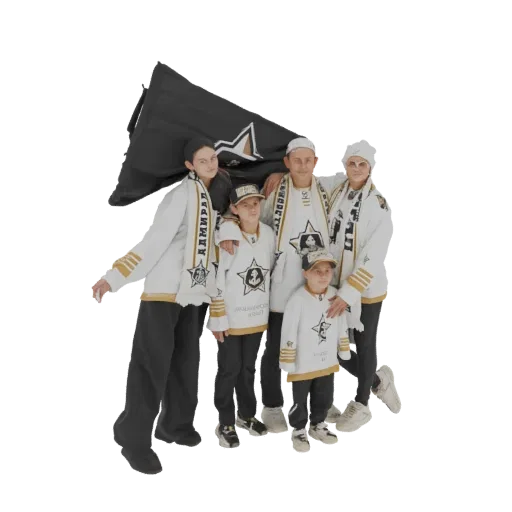 3D model of a family of five, including two adults and three children, all wearing matching hockey fan jerseys and scarves, h