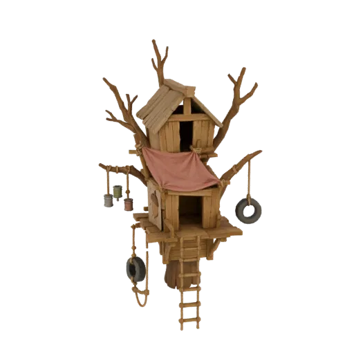 A 3D model of a whimsical wooden treehouse with a tire swing, hanging buckets, and a pink tarp, set against a black backgroun