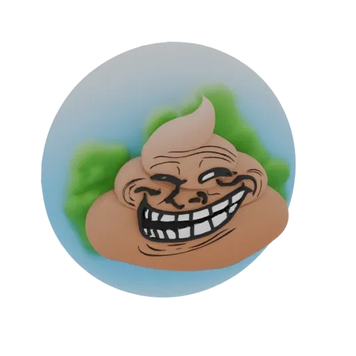 3D render of a brown poop emoji with the Trollface meme's face grinning on it, surrounded by abstract green shapes.