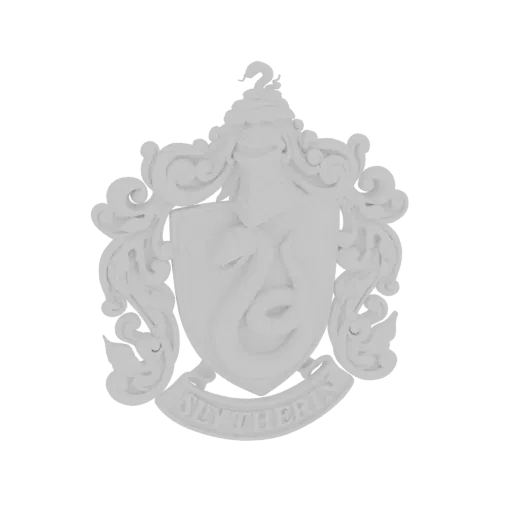 A white 3D model of the Slytherin crest, featuring a coiled serpent on a shield and the house name below.