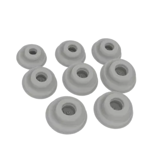 A 3D render of eight identical gray rubber stoppers arranged in a cluster against a white background.