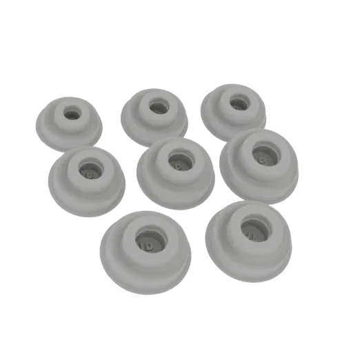 Un rendu 3D de huit bouchons en caoutchouc gris identiques disposés en grappe sur fond blanc.