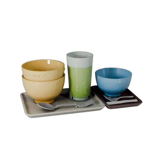 Breakfast Salad Bowl Set 3D model, three-quarter front view, Unity viewport, showing ceramic, arranged serving layout.