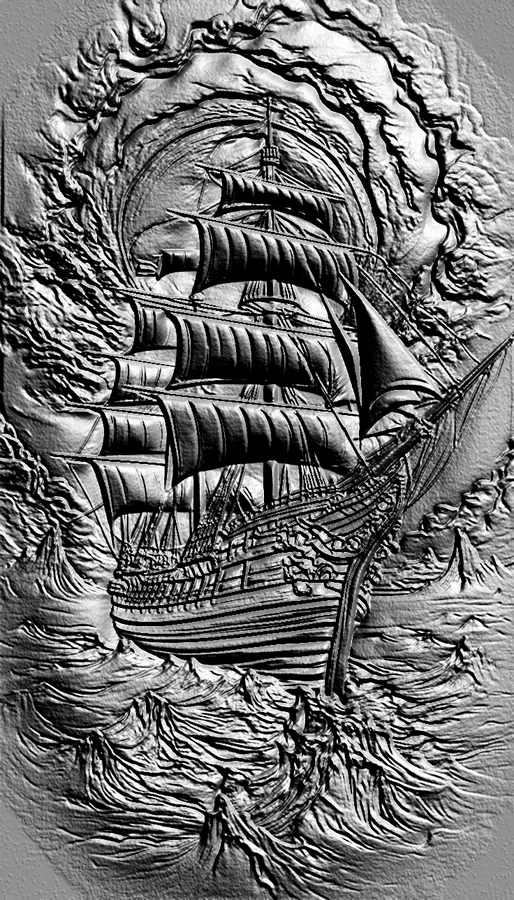 3D model of a bas-relief of an old sailboat battling a giant whirlpool and high waves