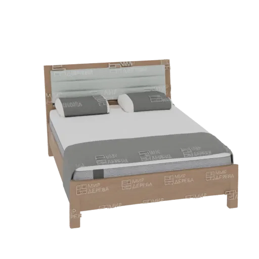 Modelo 3D de cama moderna com estrutura de madeira clara, cabeceira estofada azul clara com almofadas integradas e roupa de c
