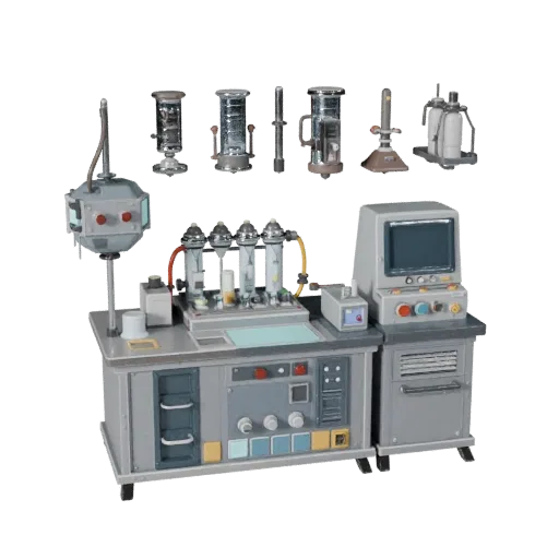 Clean Room Reactor Core Stylized 3D model, stylized isometric render, showing clean metal, bench-top devices.