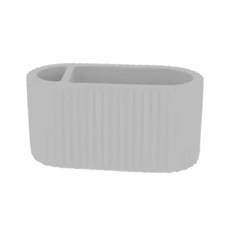 A 3D render of a light gray, oval toothbrush holder with vertical fluted texture and two compartments, set against a black ba