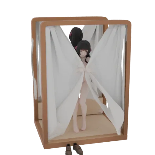 Modelo 3D de chica anime con cabello oscuro asomándose tras cortinas blancas de cama, de pie en un marco de cama de madera.