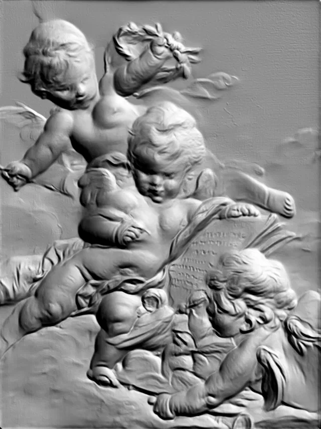 3D model of a bas-relief with three cupids, one holding an open book, in a classic style.