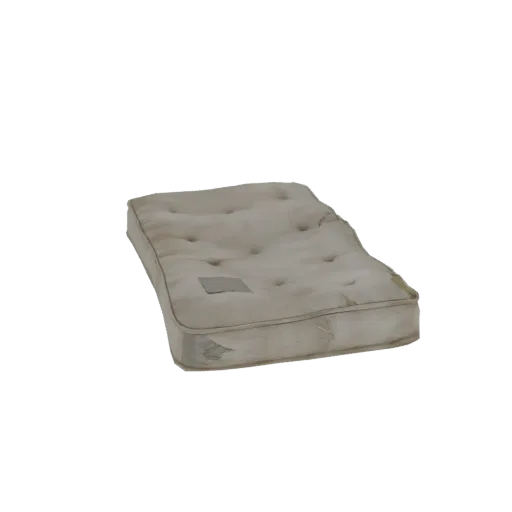 Un rendu 3D d'un matelas usé et taché, montrant des signes visibles d'âge et d'utilisation.