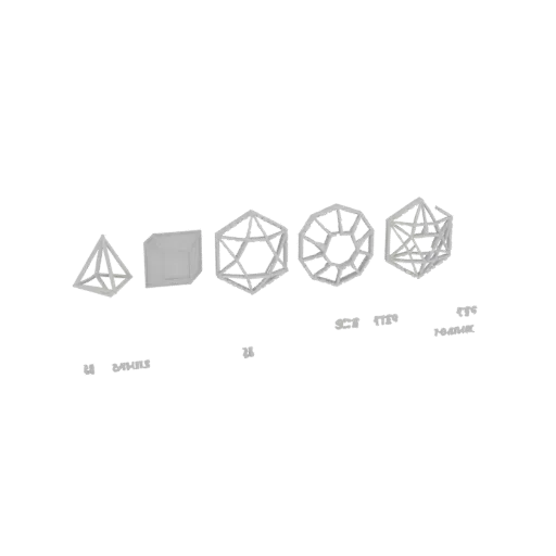 Rendu 3D d'une collection de solides géométriques (tétraèdre, cube, dodécaèdre, prisme décagonal) en style filaire.
