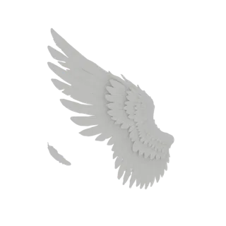 A detailed 3D model of a single, white angel wing with layered feathers and a small accompanying feather, set against a white