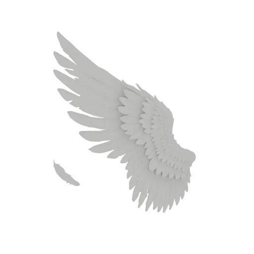 A detailed 3D model of a single, white angel wing with layered feathers and a small accompanying feather, set against a white