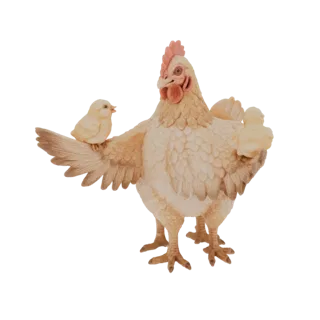 Modello 3D di una gallina di colore chiaro con piume dettagliate, che tiene protettivamente un piccolo pulcino sulla sua ala,