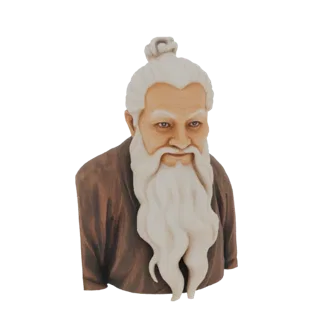 3D model render of a wise elder's bust with a long, flowing white beard and traditional brown robes, looking forward with a c