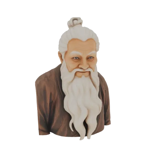 3D model render of a wise elder's bust with a long, flowing white beard and traditional brown robes, looking forward with a c