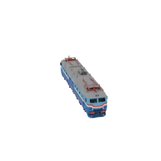 Modelo 3D de locomotiva elétrica azul e cinza com detalhes em vermelho, visto de um ângulo ligeiramente elevado.