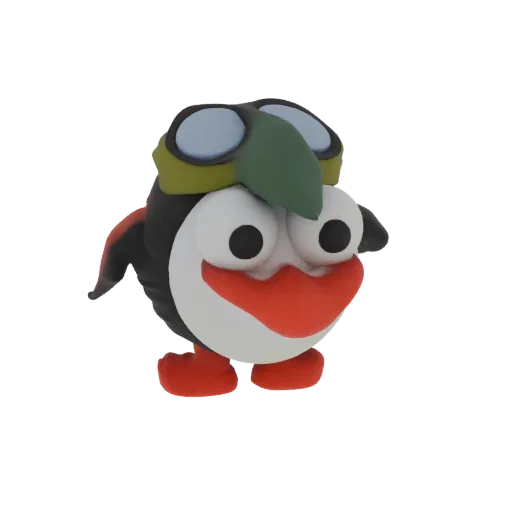 3D render of a cute, stylized penguin wearing aviator goggles and a pilot's cap, with a large red beak.