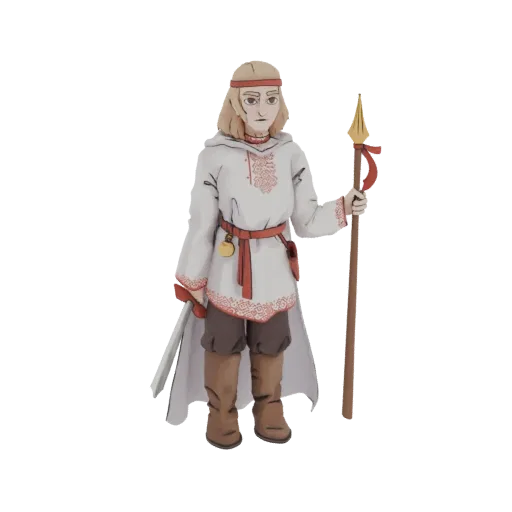 3D model of a Slavic warrior wearing a white tunic with red embroidery, holding a spear and sword.