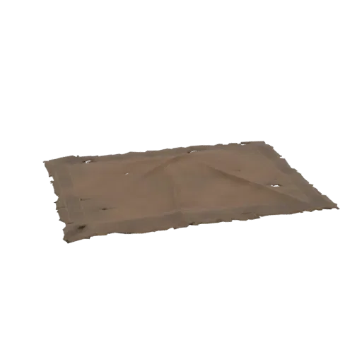 3D-Modell-Rendering einer zerrissenen braunen Leinwandplane mit sichtbaren Löchern und ausgefransten Kanten, flach auf einer