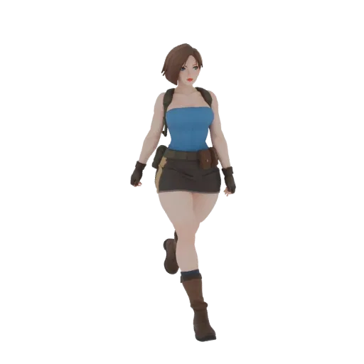 3D model of Jill Valentine from Resident Evil, wearing a blue tube top, short brown skirt, and combat boots, posed dynamicall