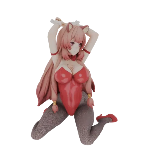 3D model of a pink bunny girl figure in a red bunny suit and mesh stockings, kneeling with hands behind her head.