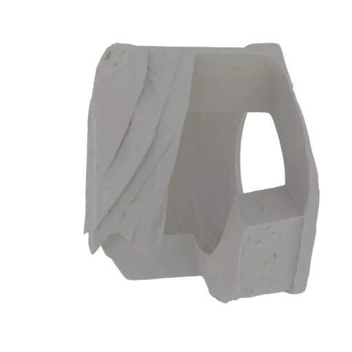 A 3D render of a flowing, abstract sculptural form with organic textures and a matte white finish, isolated on a white backgr