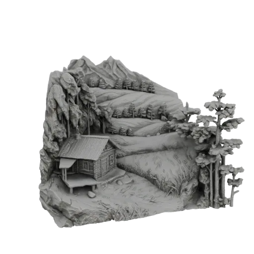 3D model of a rustic log cabin in a mountain landscape with pine trees and rocky terrain.
