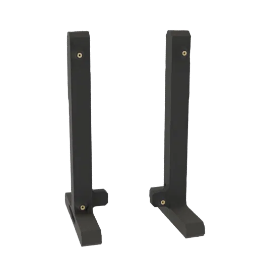 A pair of black metal L-shaped stands with brass accents, presented on a white background.