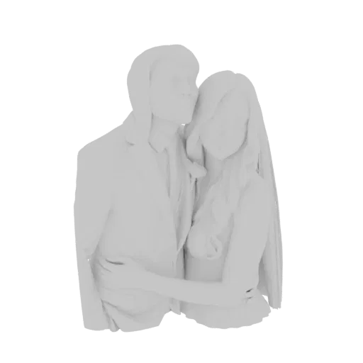 Modèle 3D d'un couple romantique enlacé, l'homme en costume et la femme se penchant vers lui, capturés dans un moment tendre.