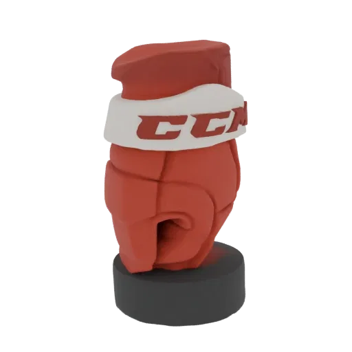 3D model of a red CCM hockey glove trophy with a white CCM logo band, mounted on a black hockey puck base.