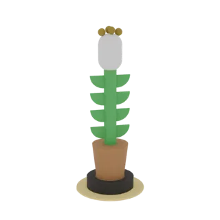 A 3D render of a stylized potted plant with a white flower bud, yellow buds, green leaves, in a brown pot on a black and beig