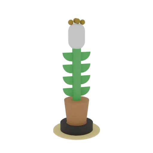 A 3D render of a stylized potted plant with a white flower bud, yellow buds, green leaves, in a brown pot on a black and beig