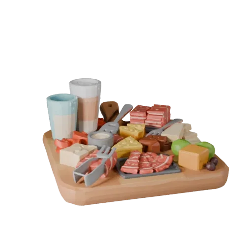 Banquet Charcuterie Board Stylized 3D model, stylized isometric render, showing ceramic, arranged serving layout.