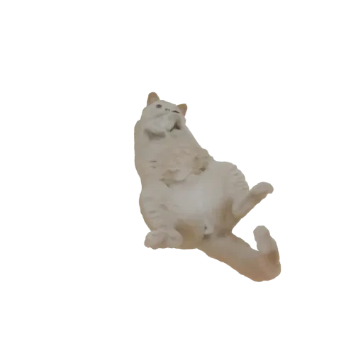 3D model of a light-colored cat lying on its back with paws in the air, looking upwards.