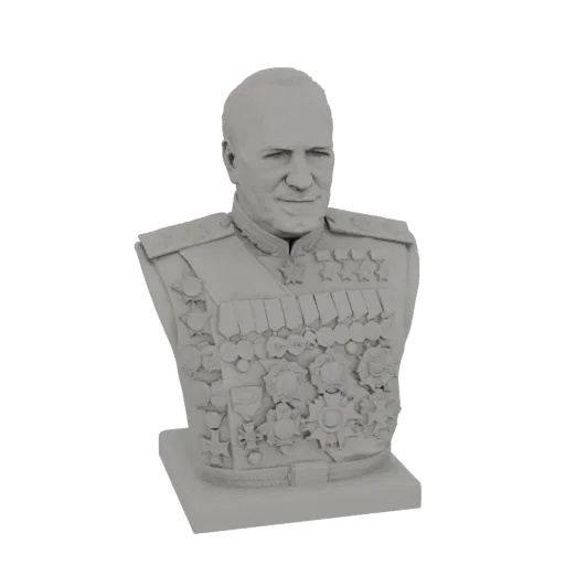 3D-Modell einer Büste eines sowjetischen Marschalls, geschmückt mit zahlreichen Orden, mit ernstem Ausdruck.