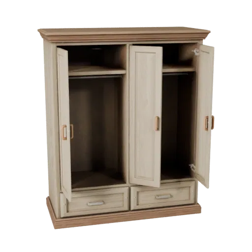 Armoire Murale réaliste 3D, chambre, rendu studio trois-quarts, détail bois peint.