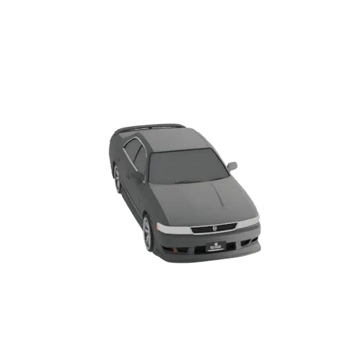 A 3D render of a sleek, dark gray sedan with a prominent rear spoiler, viewed from a slightly elevated front-right angle.