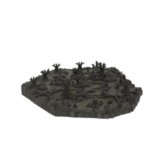 Modèle 3D de terrain de marais hanté avec des arbres sombres et noueux et un sol trouble, rendu sur fond blanc.