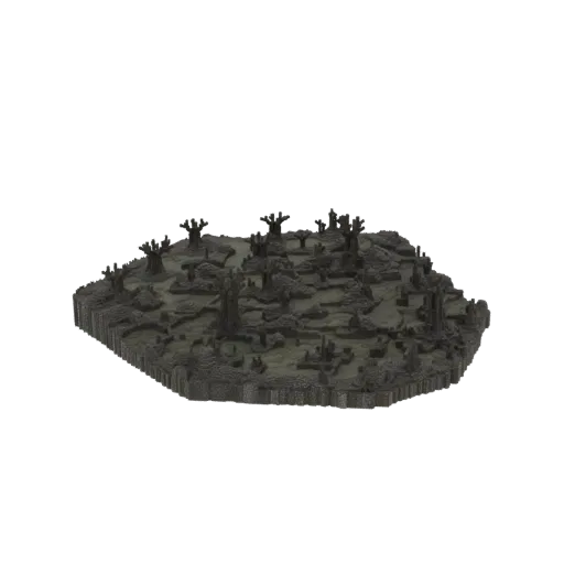 Modelo 3D de terreno de pantano embrujado con árboles oscuros y retorcidos y suelo turbio, renderizado sobre fondo blanco.
