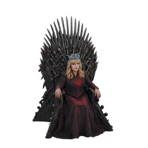 3D model of Queen Cersei Lannister wearing a crown and a red dress, seated on the Iron Throne.