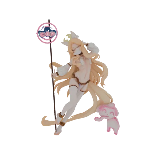 3D model of a Kitsune fox girl with long blonde hair, wearing an ornate outfit, holding a staff, and accompanied by a small pink creature.