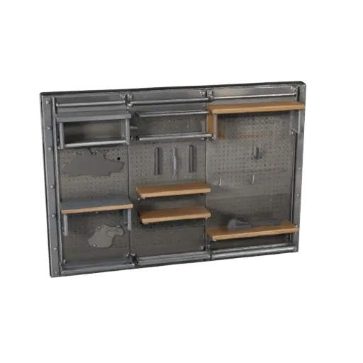 Industrial Pegboard Wall Stylized 3D model, stylized isometric render, showing steel frames, stable fixtures.