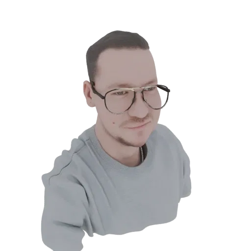 3D model of a man with short dark hair, wearing glasses and a light blue sweater, against a white background.